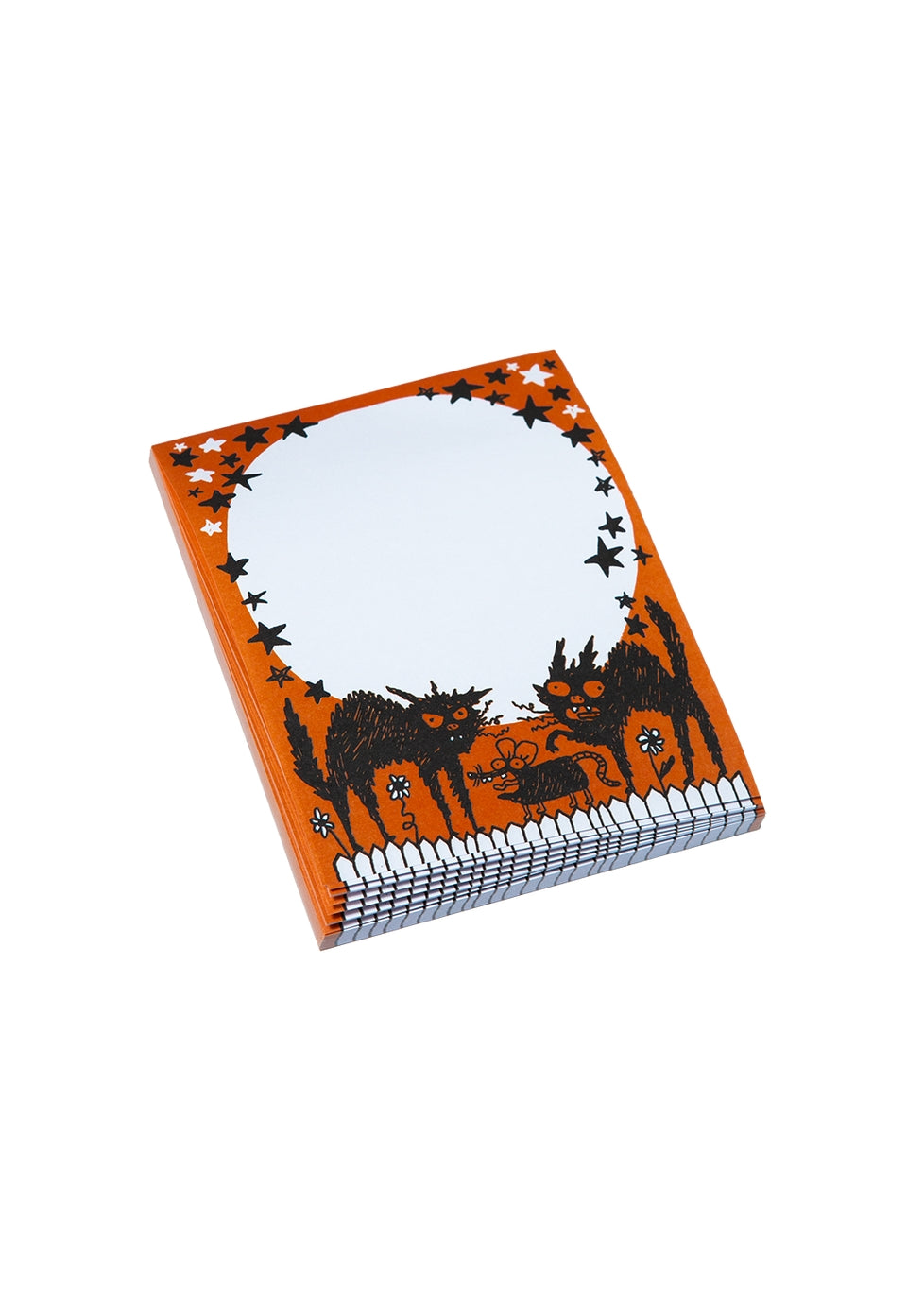 Large white moon makes up the body of this notepad with a deep orange border with slightly unhinged illustrations of two black cats and a rat