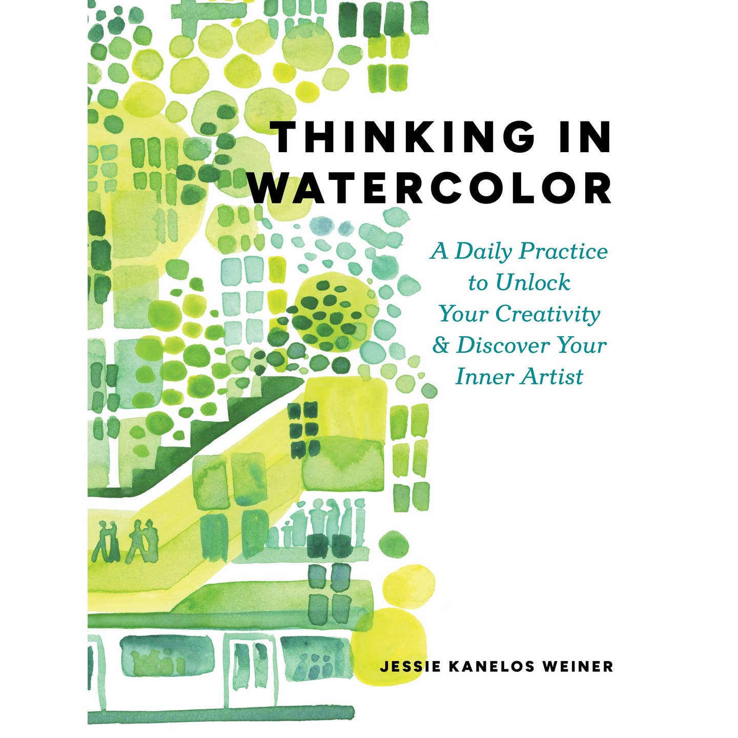 Book cover for 'Thinking in Watercolor' by Jessie Kanelos Weiner, featuring a watercolor-style green and yellow landscape illustration on a white background with black and teal text.