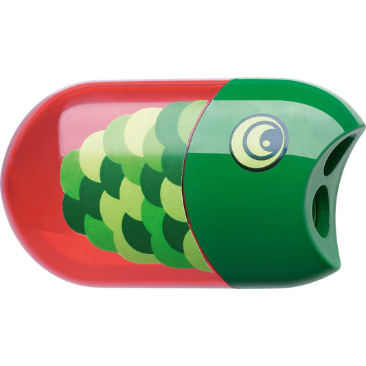 Pencil sharpener in a green and red fish design showing the two holes