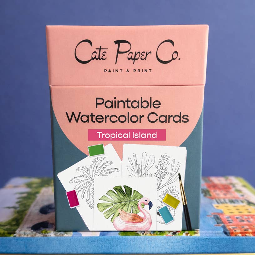 Cate Paper Co. paintable watercolor cards packaging with tropical island design on a blue background