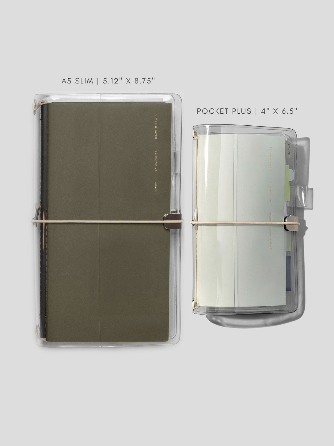 The two sizes of the Cloth & Paper clear vinyl covers shown side by side with notebooks inside