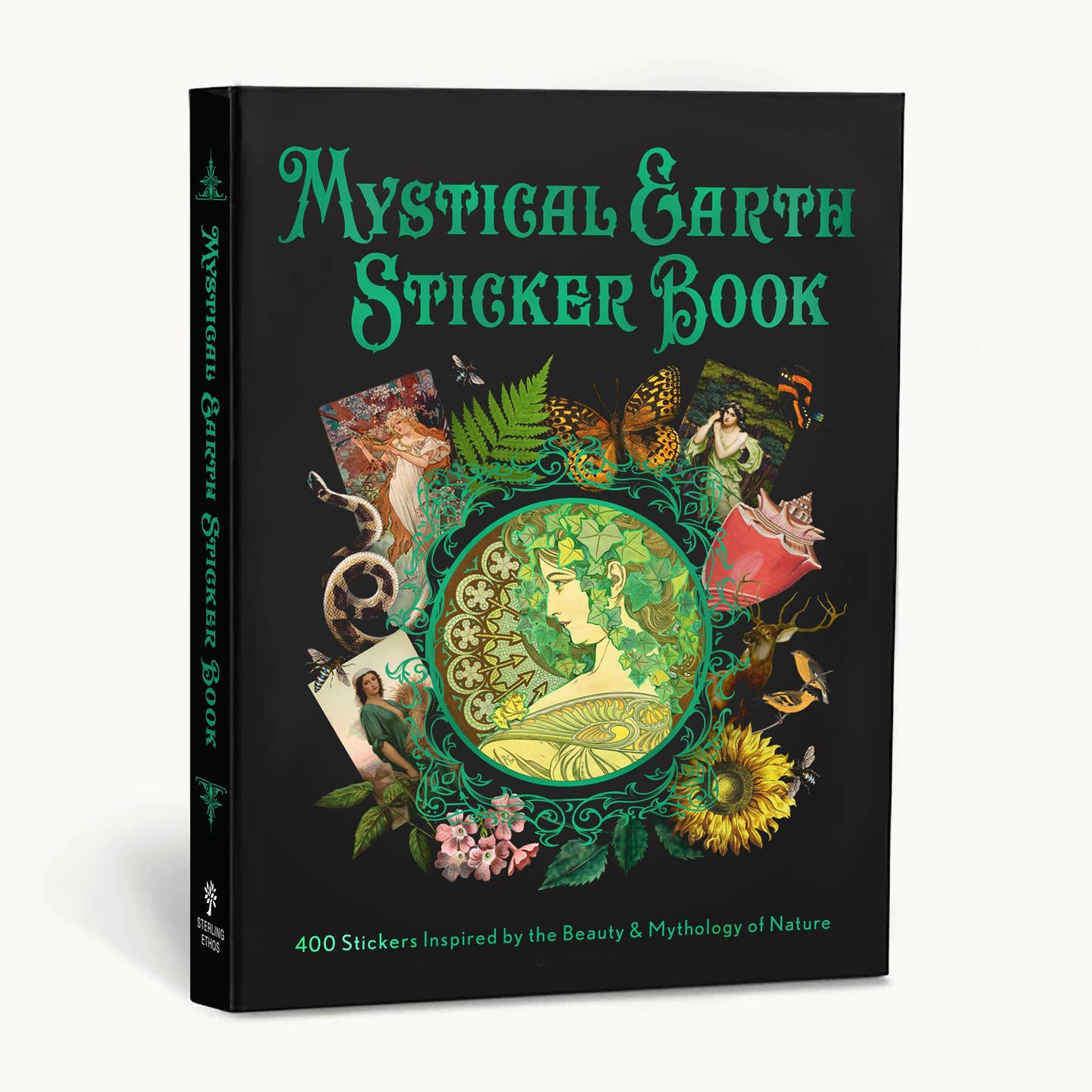Book cover in black with green gothic style text that reads, "Mystical Earth Sticker Book: 400 Stickers Inspired by the Beauty and Mythology of Nature" with images of a green goddess, foliage, snakes, flowers, and mythological beings