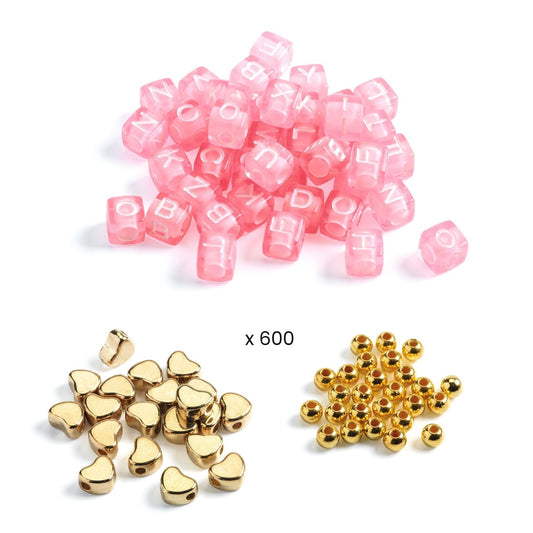 Gold Alphabet Beads - pink letter beads, gold heart beads, gold accent beads