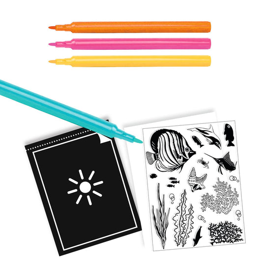 pack of cyanotype paper, sheet of plastic stencils featuring fish and seaweed, and 4 markers in teal, orange, yellow, and pink