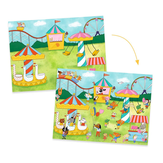 Depicts one of the scene backgrounds both before adding the rub on transfers, and after many characters and activities have been added