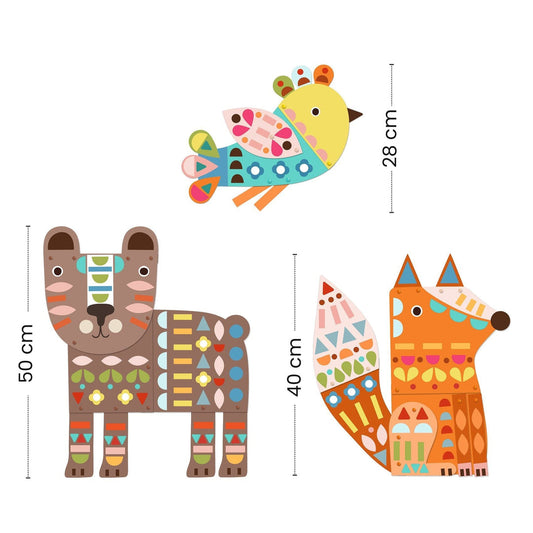 Image showing dimensions of animal figures, dog is 50cm in height, fox is 40cm in height, and bird is 28cm