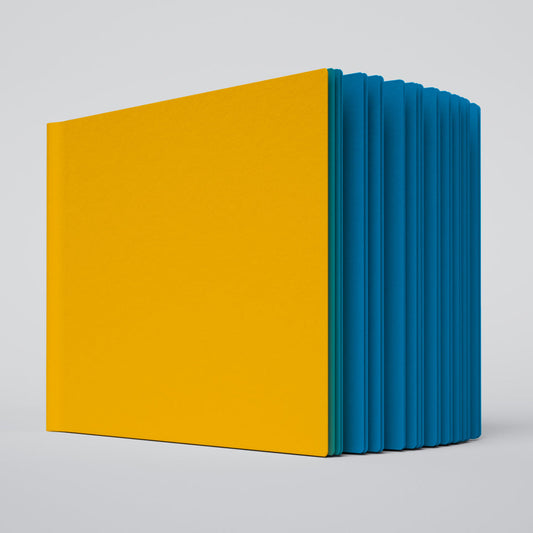 Photo of a slightly open No.2 sized uglybook with yellow cover and blue pages on a white background
