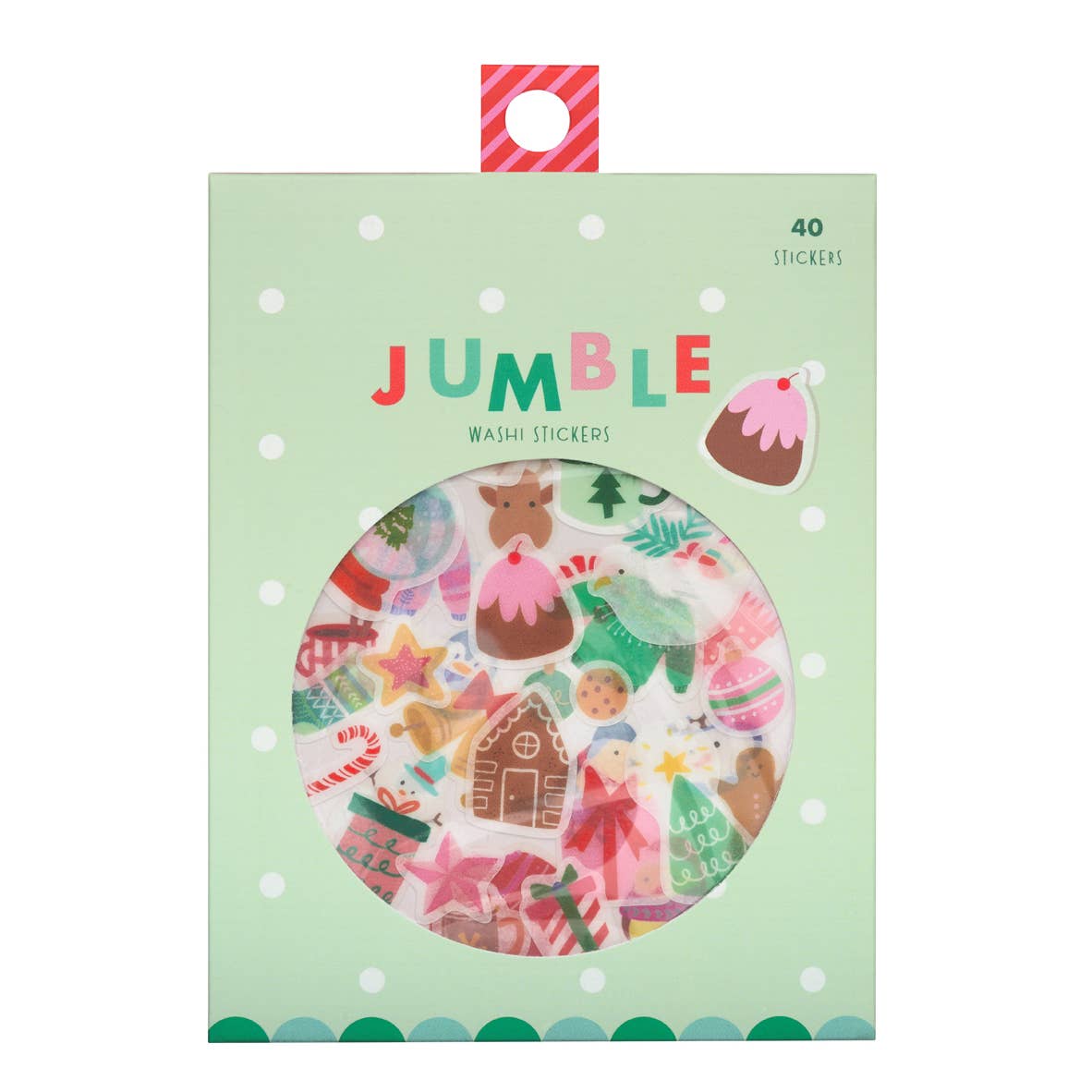 Jumble Washi Stickers packaging featuring a light green box with a circular window showing multicolored Christmas-themed stickers, including gingerbread houses, stars, and pudding illustrations.