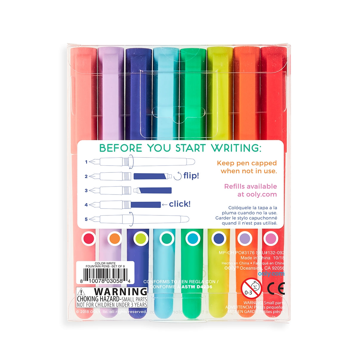 Back of retail packaging of Ooly Color Write fountain pen set showing how to insert the ink cartridges in the pens before use.