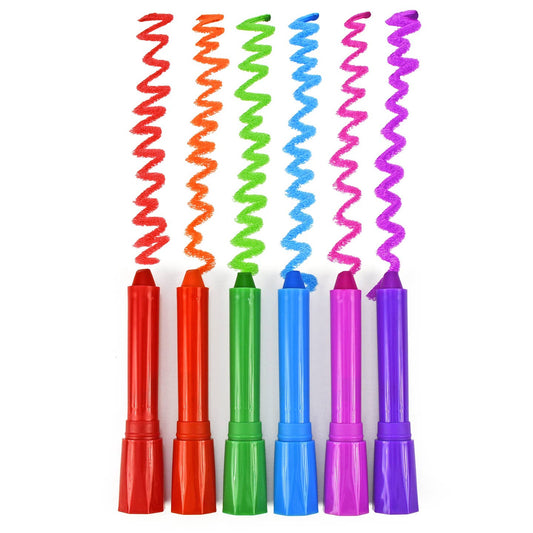 Hair chalk squiggles in red, orange, green, blue, pink, and purple