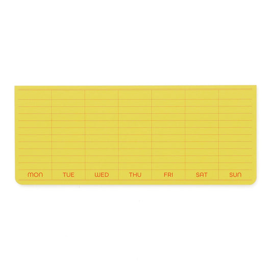 Yellow weekly planner sticky pad with days of the week labels on a white background