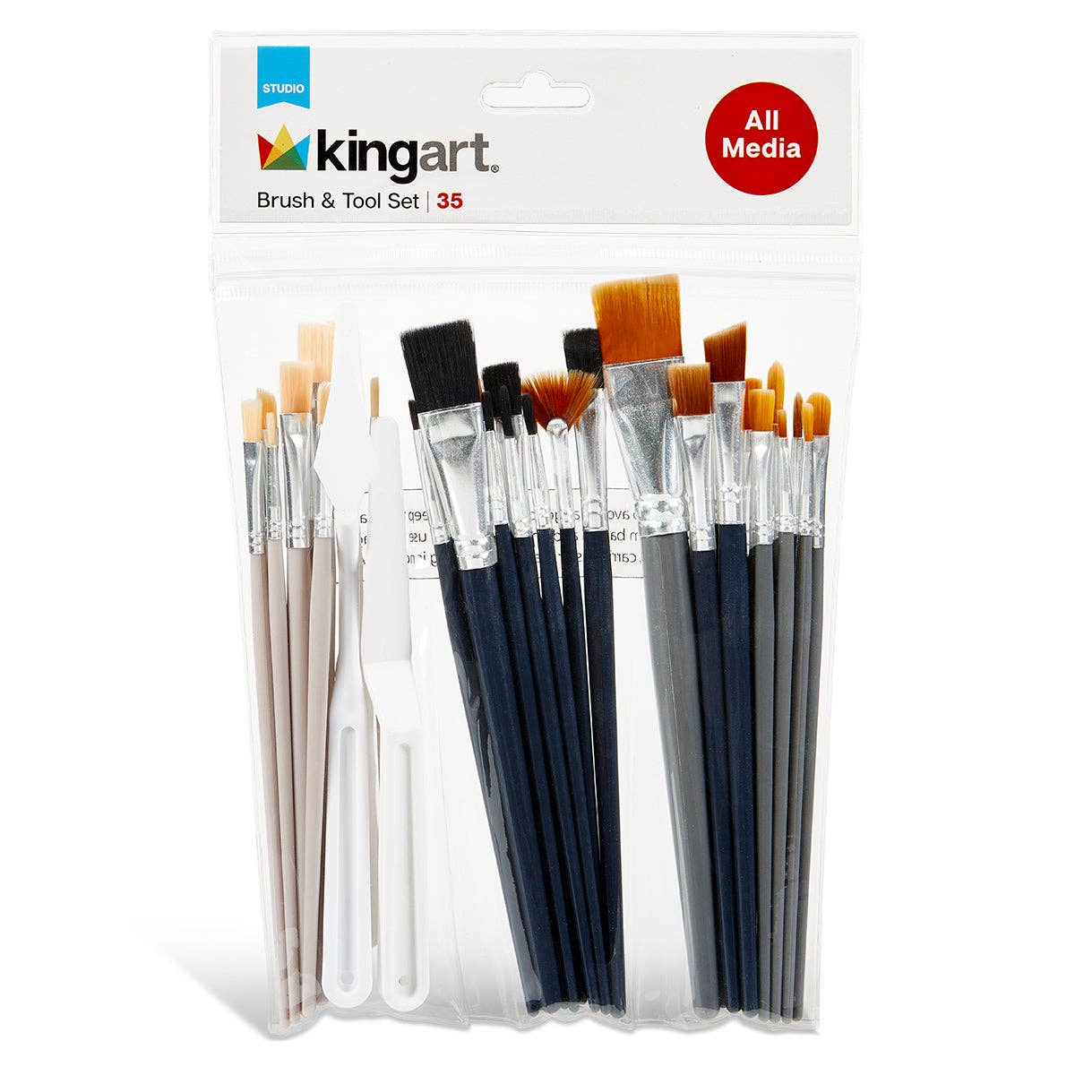 Kingart Studio Brush Set -- 35 Black & Brown Nylon and White Bristle Brushes in clear retail packaging