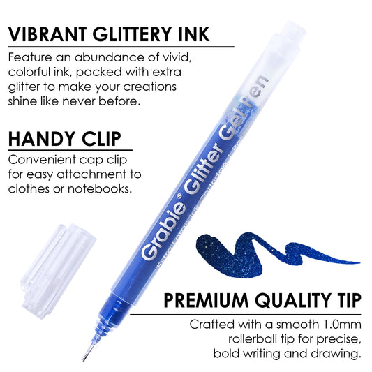 Grabie Glitter Gel Pen ink in blue with text that reads, "VIBRANT GLITTERY INK - features an abundance of vivid, colorful ink, packed with extra glitter to make your creations shine like never before. HANDY CLIP - convenient cap clip for easy attachment to clothes or notebooks. PREMIUM QUALITY TIP - crafted with a smooth 1.0mm rollerball tip for precise, bold writing and drawing."