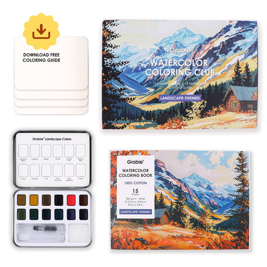 Contents of the Watercolor Coloring Club Box with text that reads, "Download Free Coloring Guide"