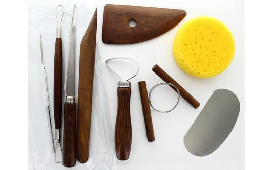 Pro Art Stained Wood Handle Pottery Tool Kit with Fettling Knife 9 Piece Set - Odd Nodd Art Supply