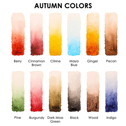 A swatch chart of the colors included in the Autumn set: Berry, Cinnamon Brown, Citrine, Maya Blue, Ginger, Pecan, Pine, Burgundy, Dark Moss Green, Black, Wood, and Indigo