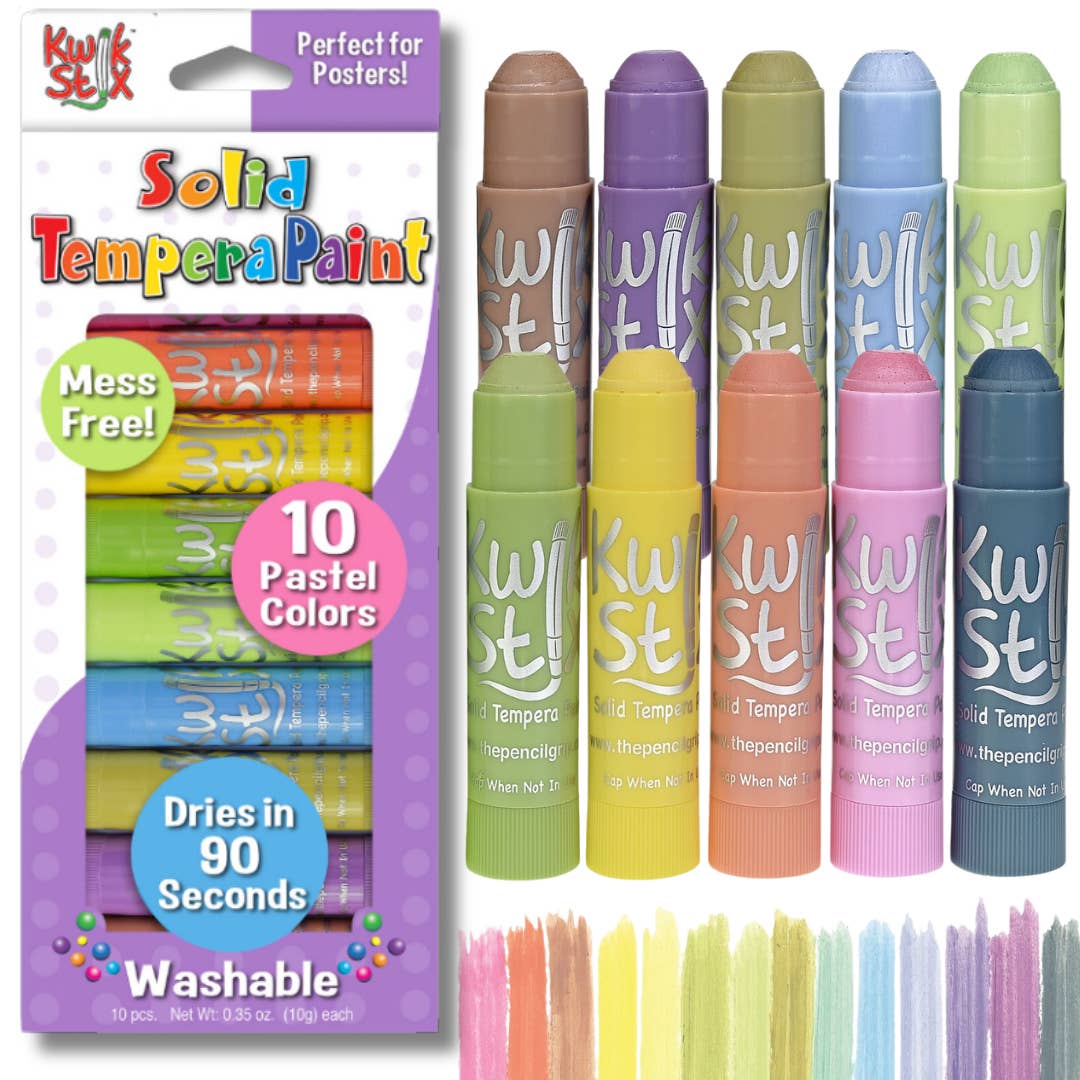 pastel tempera paint sticks in beige, lavender, olive, powder blue, light green, sage, butter yellow, peach, rose, and teal