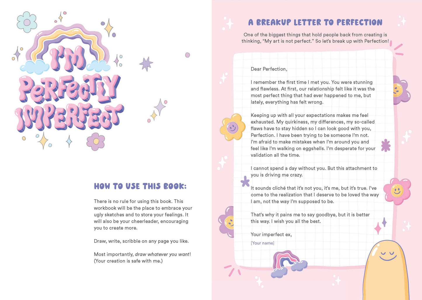 Interior page spread which reads "I'm perfectly imperfect" in hand lettered text on one side, and the title page on the other "A Breakup Letter to Perfection"
