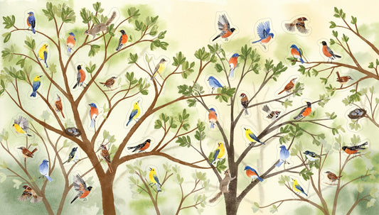 Large page layout of many different bird stickers in the brances of two large trees