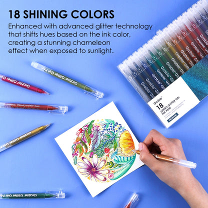 Retail packaging of Grabie's Jumbo Glitter Gel Pens with an example drawing with text that reads, "18 SHINING COLORS - enhanced with advanced glitter technology that shifts hues based on the ink color, creating a stunning chameleon effect when exposed to sunlight"