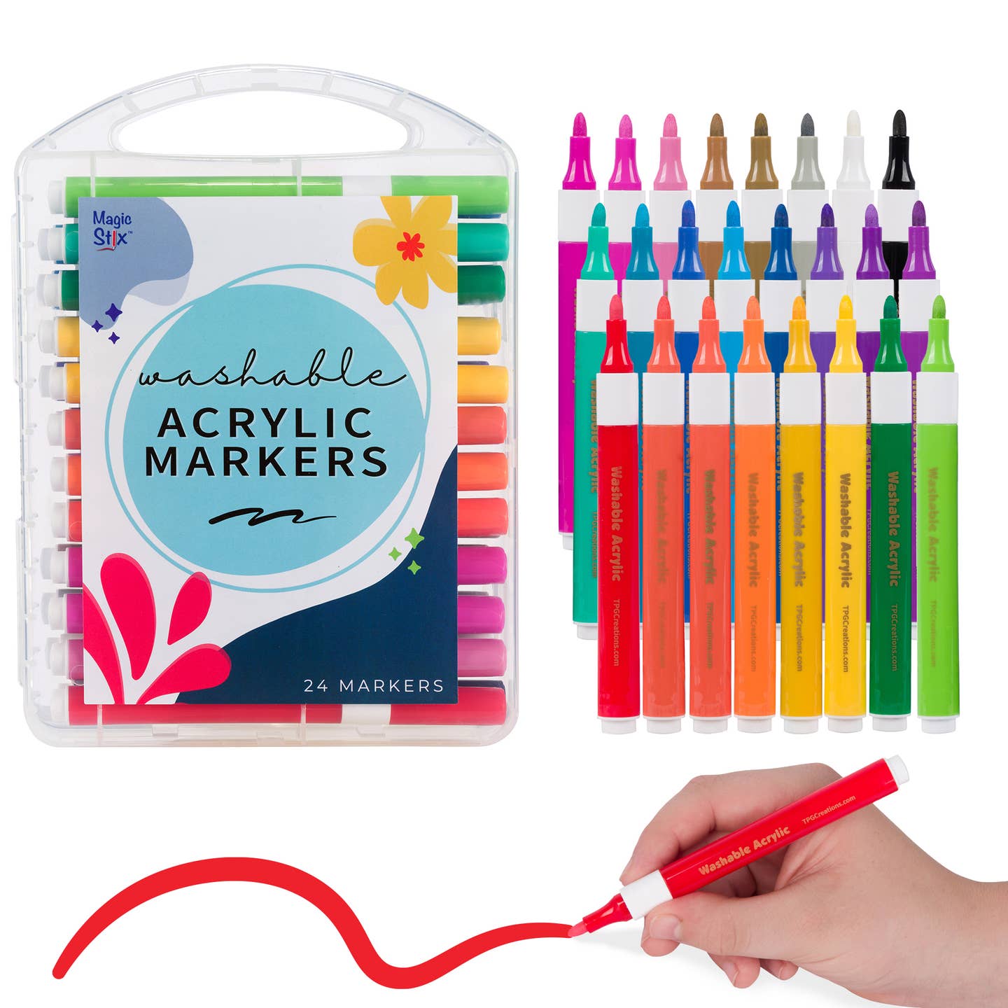 Clear plastic packaging of a set of 24 color paint markers with text that reads, "washable acrylic markers".  24 individual markers are pictured in a variety of pinks, browns, greys, white, blues, purples, reds, oranges, yellows, and greens. A white skinned hand is pictured drawing a thick red line with a red marker.
