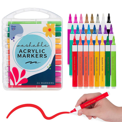 Clear plastic packaging of a set of 24 color paint markers with text that reads, "washable acrylic markers".  24 individual markers are pictured in a variety of pinks, browns, greys, white, blues, purples, reds, oranges, yellows, and greens. A white skinned hand is pictured drawing a thick red line with a red marker.