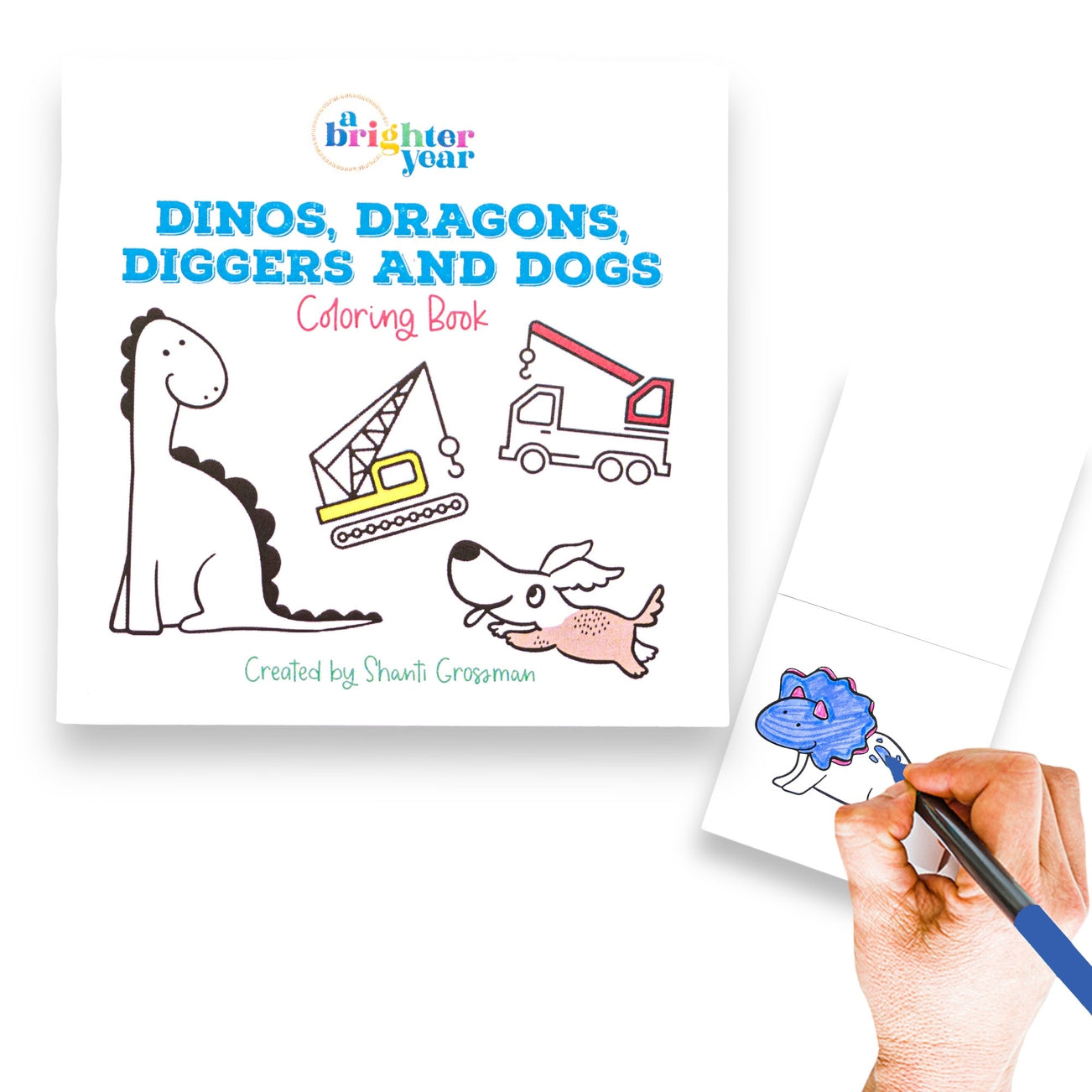 Mini coloring book cover of the Dinos, Dragons,Diggers, and Dogs edition featuring simple illustrations of Dinos, Dragons,Diggers, and Dogs