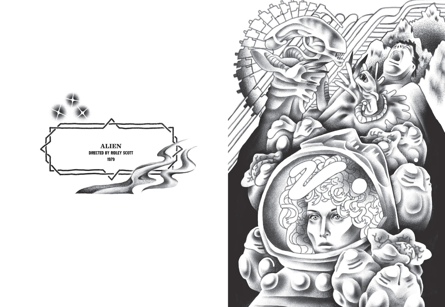 Interior page spread with the words "Alien, Directed by Ridley Scott, 1979" on one side, and a black and grey tattoo style illustration of characters and images from the movie on the other.