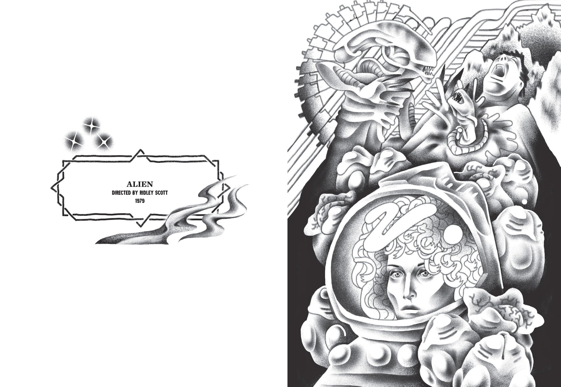Interior page spread with the words "Alien, Directed by Ridley Scott, 1979" on one side, and a black and grey tattoo style illustration of characters and images from the movie on the other.