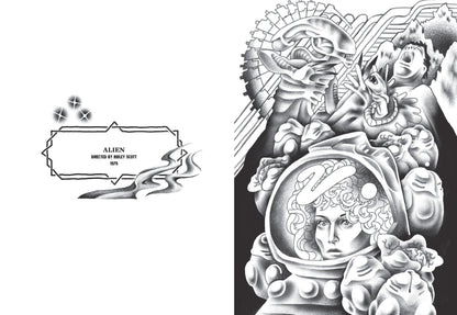 Interior page spread with the words "Alien, Directed by Ridley Scott, 1979" on one side, and a black and grey tattoo style illustration of characters and images from the movie on the other.