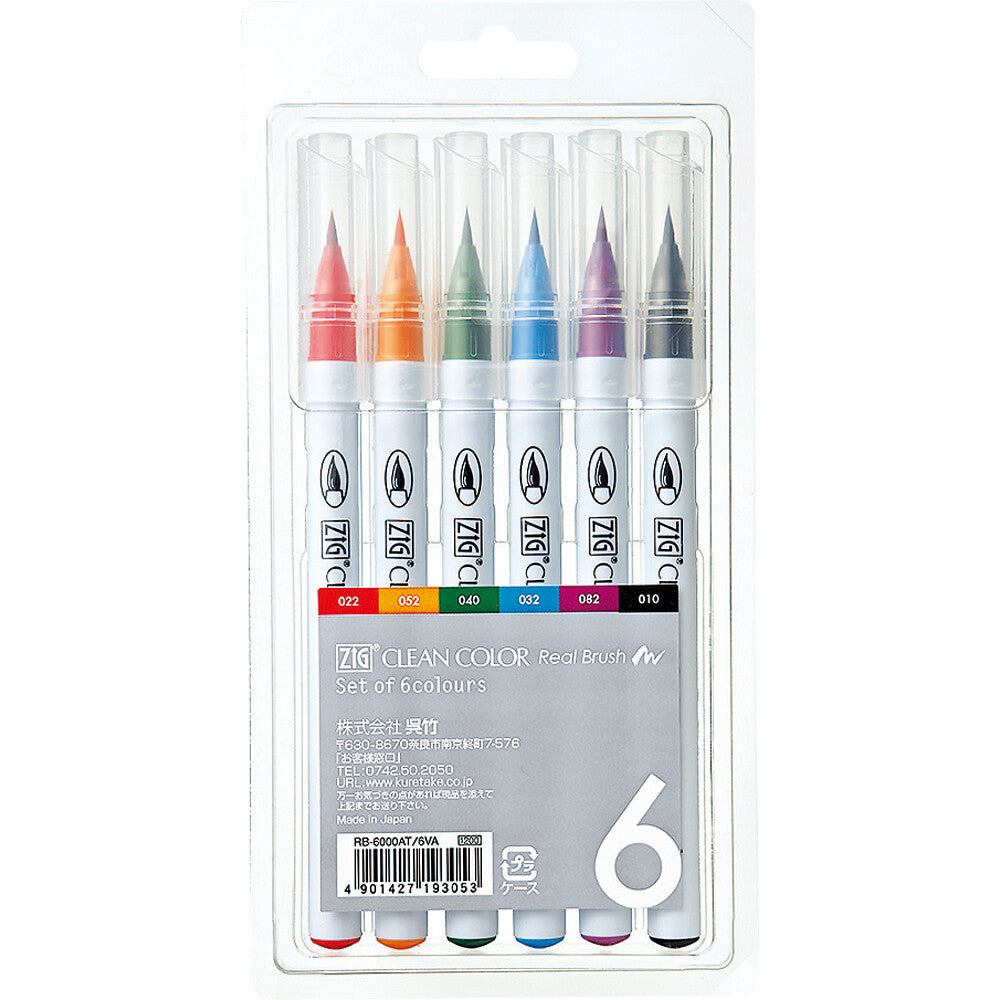 Clean Color Real Brush Marker Sets 6 color Kuretake - Odd Nodd Art Supply