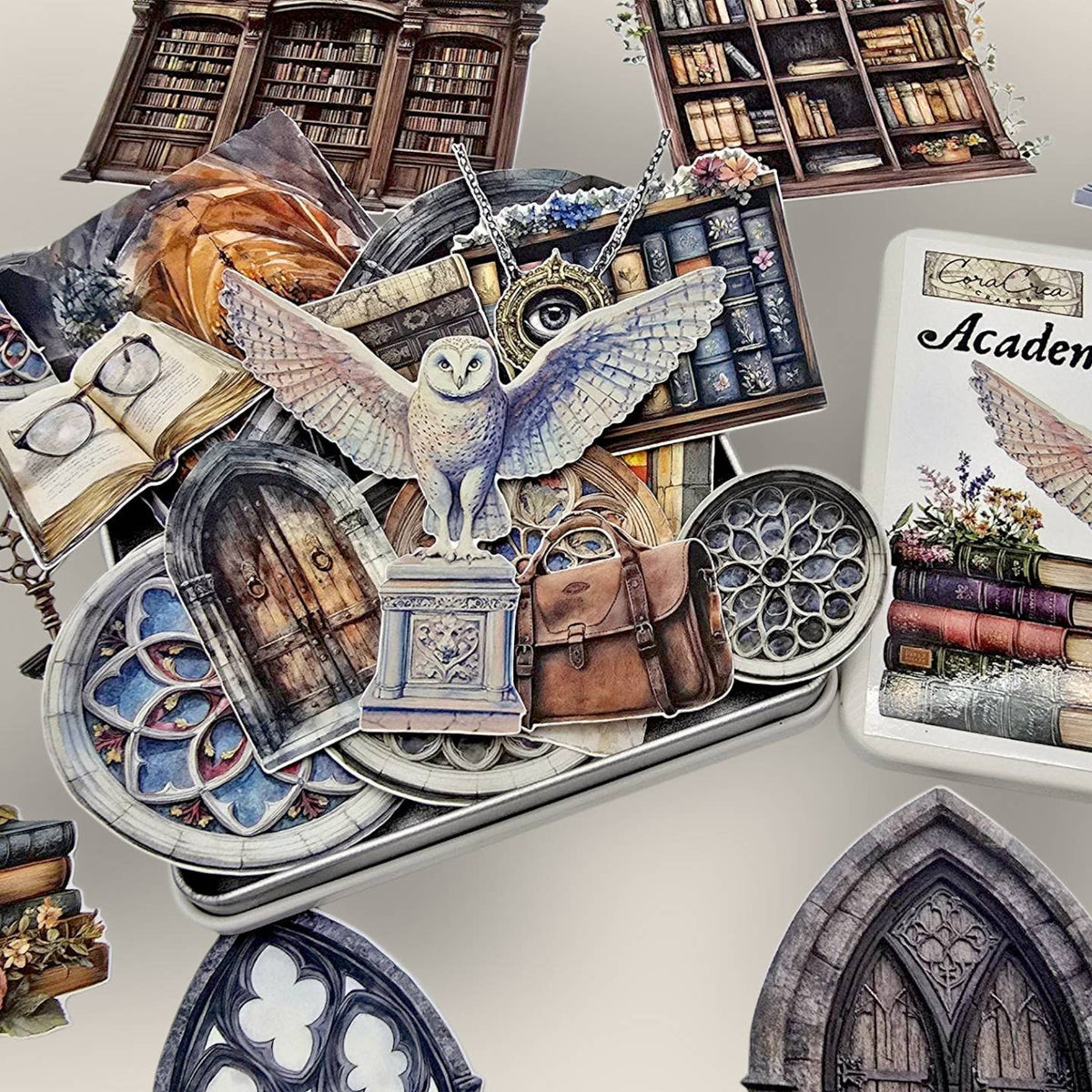 A collage of gothic and academic-themed decorative elements, including an owl illustration, bookshelves, books, a briefcase, stained-glass-style panels, and architectural arch details, arranged on a light neutral background with a partial tin labeled 'Academ' visible on the right.