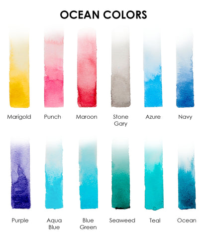 Swatch Card for Ocean Colors: Marigold, Punch, Maroon, Stone Grey, Azure, Navy, Purple, Aqua Blue, Blue Green, Seaweed, Teal, and Ocean