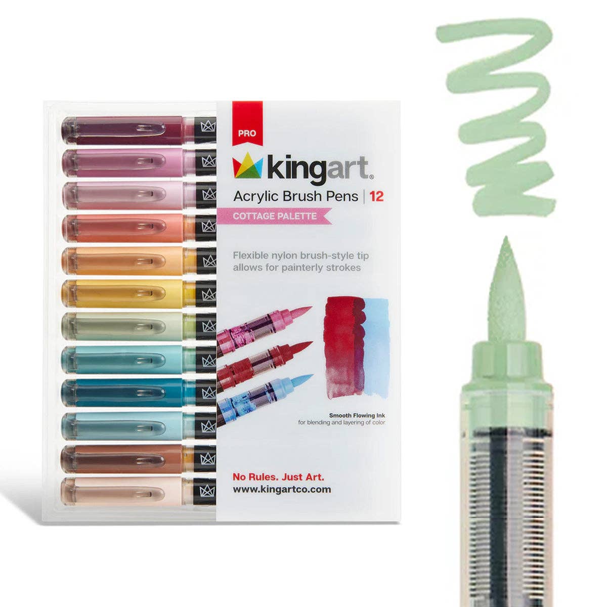 Kingart Pro Acrylic Brush Pens in the Cottage Palette set, shown in a clear retail box with 12 colored pens, alongside a close-up of a green brush pen tip and a painted swatch on a white background.