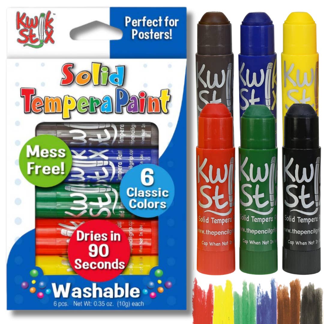 tempera paint sticks in brown, blue, yellow, red, green, and black