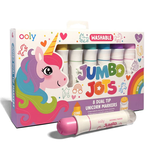 Ooly Jumbo Jots Washable Unicorn Markers set in its retail packaging, with one pink marker shown in front of the box on a white background.