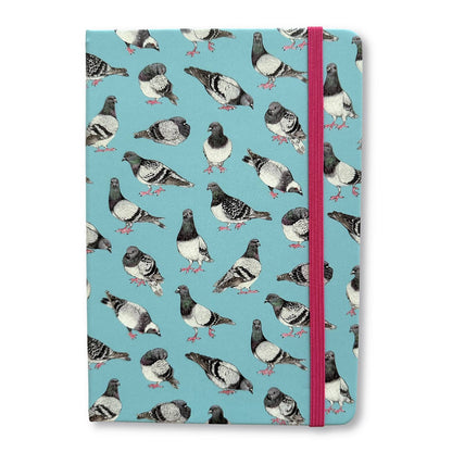 Blue notebook with pigeon pattern and a red elastic strap closure on a white background