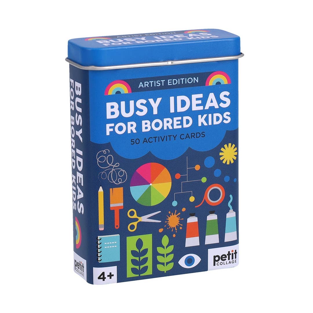 Tin box with colorful illustrations of art and crafts supplies on a blue background with the words, "Busy Ideas for Bored Kids Artist Edition: 50 Activity Cards" 