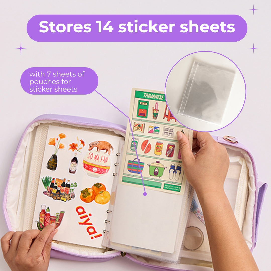 Photo of the interior of the Ultimate Journal Bag showing the pocket system. White text on purple text bubbles reads, "Stores 14 Sticker Sheets with 7 sheets of pouches for sticker sheets"
