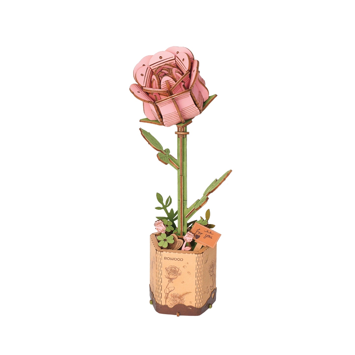 Pink Rose 3D Wooden DIY Flower Puzzle Sets - Odd Nodd Art Supply