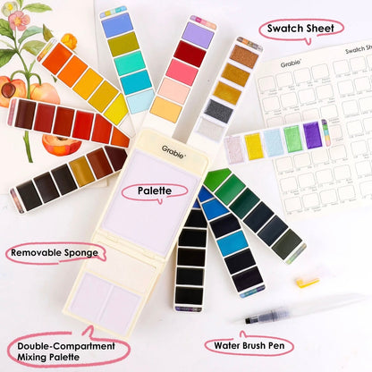 Elements included in the Grabie Foldable Watercolor set, with text that reads, "Swatch Sheet, Palette, Removable Sponge, Double-Compartment Mixing Palette, and Water Brush Pen"