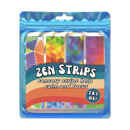zen strips packaging in a blue zipper plastic pouch with the words, "zen strips: sensory strips help calm and focus" written across it. 