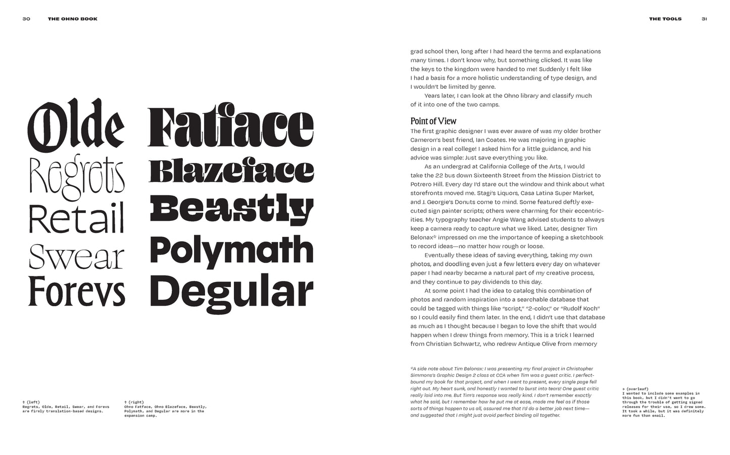 An internal page spread from The Ohno Book featuring a typography experiment with oversized decorative serif type headings such as 'Olde Regrets,' 'Blazeface,' 'Beastly,' 'Polymath,' and 'Degular,' alongside a body of smaller text.