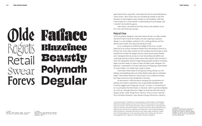 An internal page spread from The Ohno Book featuring a typography experiment with oversized decorative serif type headings such as 'Olde Regrets,' 'Blazeface,' 'Beastly,' 'Polymath,' and 'Degular,' alongside a body of smaller text.