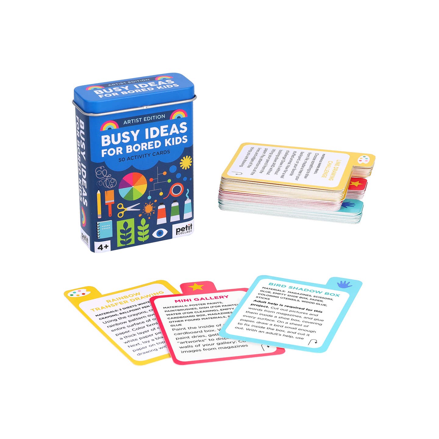 Blue tin box with colorful cards spread out on a white background
