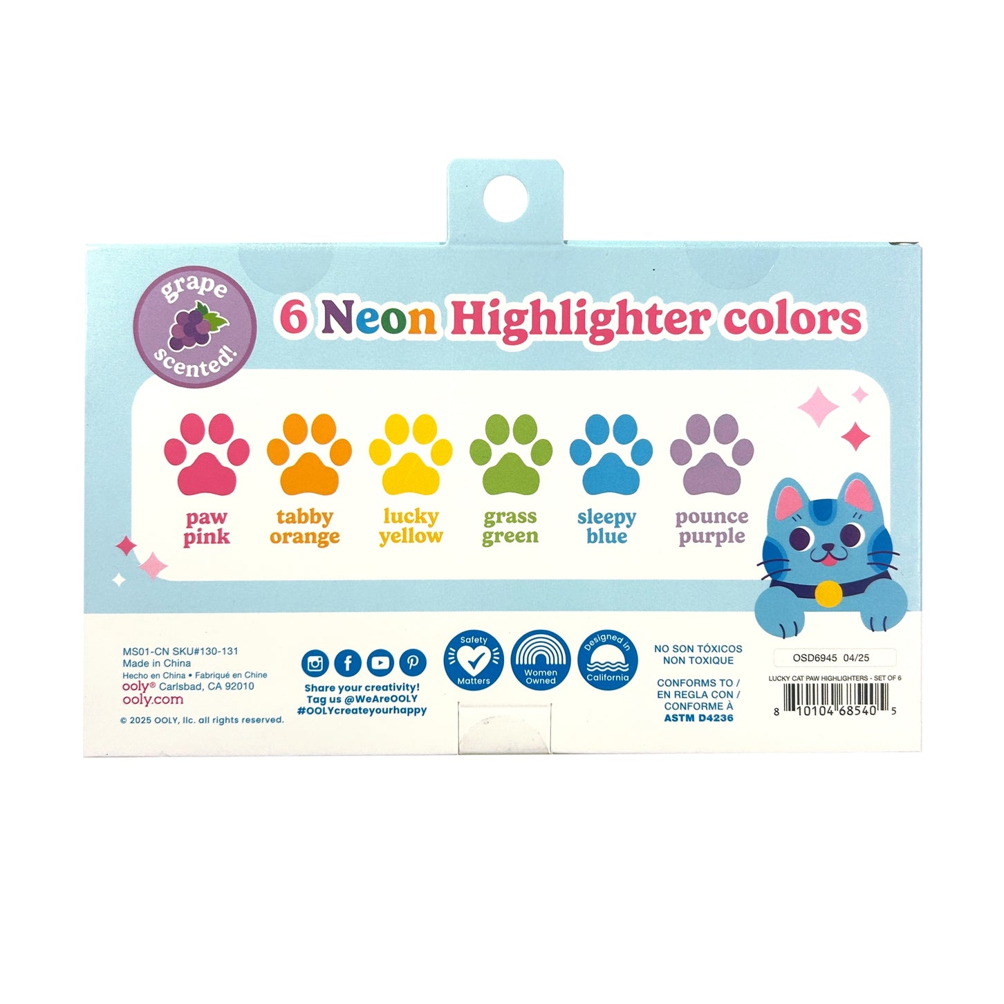 The retail packaging for a 6-pack of neon highlighter colors, featuring a light blue and white box with a cartoon cat illustration and a row of colored paw prints representing the different colors: paw pink, tabby orange, lucky yellow, grass green, sleepy blue, and pounce purple.