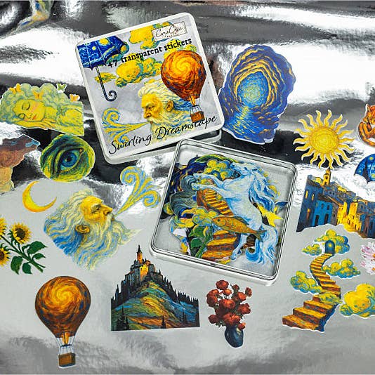 Two square packs of transparent stickers featuring colorful Van Gogh-inspired dreamlike scenes, displayed on a reflective silver surface alongside several loose sample stickers.