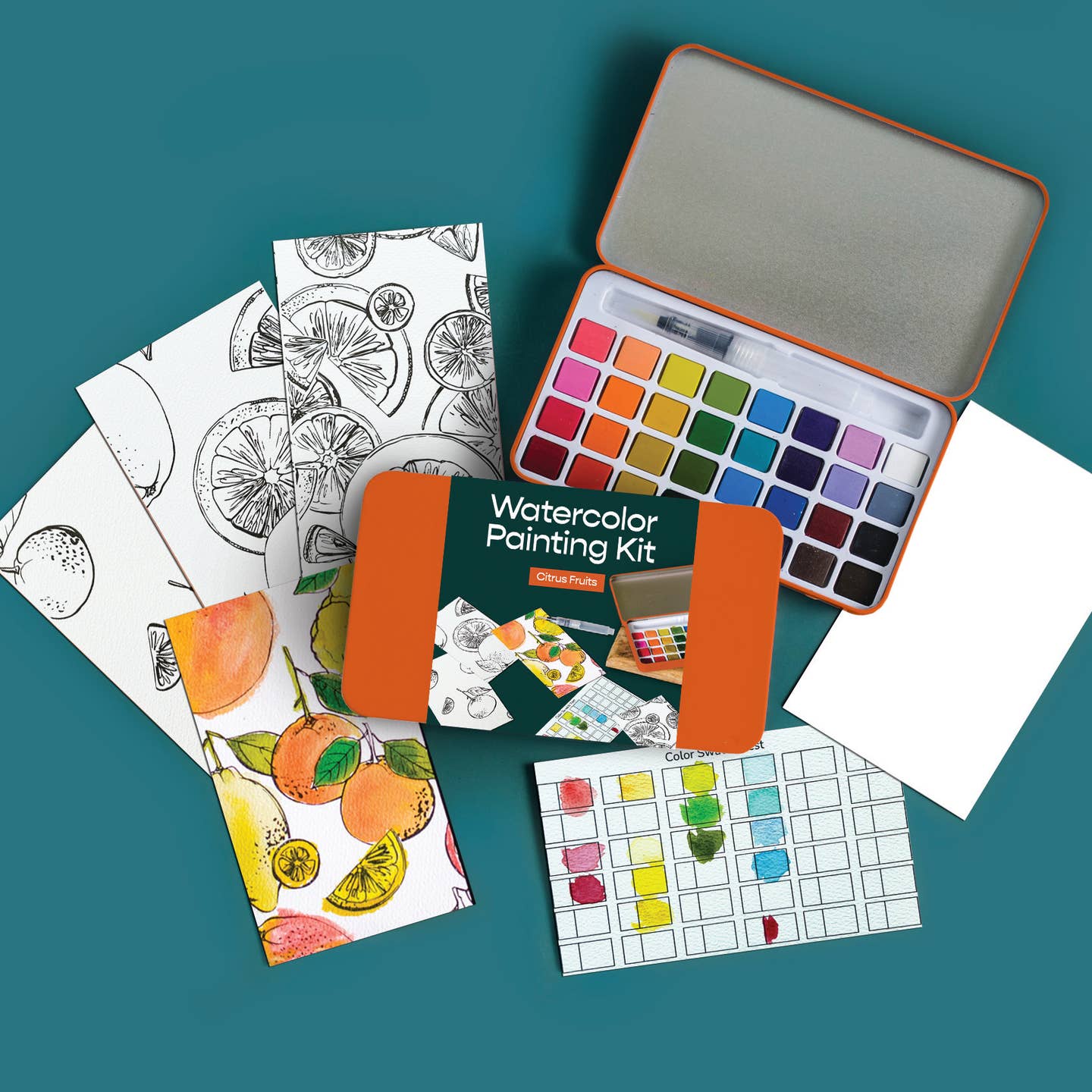 Citrus Fruits watercolor painting kit with color swatches, paint set, and paper on a teal background