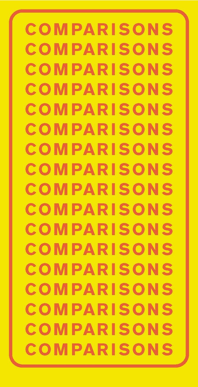 'COMPARISONS' repeated in red text on a yellow background with a red border.