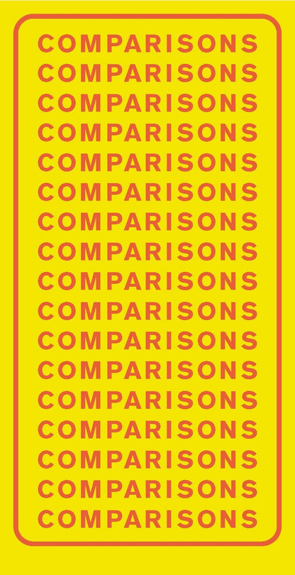 'COMPARISONS' repeated in red text on a yellow background with a red border.